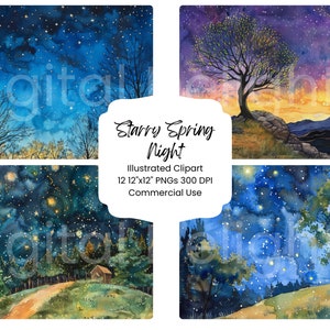 Lente Sterrennacht Clipart Aquarel Digitaal Papier Blauwe Printbare Textuur Nachtelijke Hemelachtergrond Galaxy Scrapbook Junk Journal Ephemera