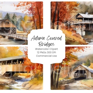 Autumn Covered Bridge Digital Paper Bundle 12 PNG JPG Files Clipart Fall Foliage Watercolor Scenery Digital Craft Scrapbook Texture Journal