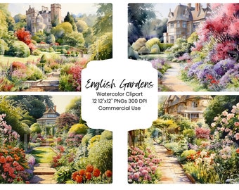 English Garden Watercolor Clipart, Set of 12 Cottage Floral Landscapes (Digital Download)