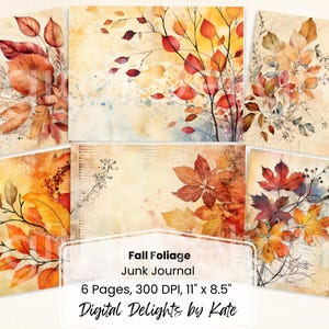 Folhas de Outono Junk Journal Pages Kit para impressão 6 Digital Vintage Fall Foliage Digital Download Outono Ephemera Fundo de Ação de Graças DIY