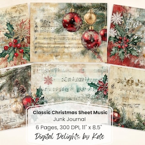 Feuille de musique classique de Noël Journal indésirable Page imprimable Kit de journal indésirable des Fêtes Papier Collage numérique Téléchargement instantané Ornements d'hiver