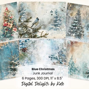 Blue Christmas Shabby Chic Junk Journal Wydrukuj stronę Holiday Junk Journal Kit Paper Digital Collage Sheet Natychmiastowe pobranie Winter Ephemera