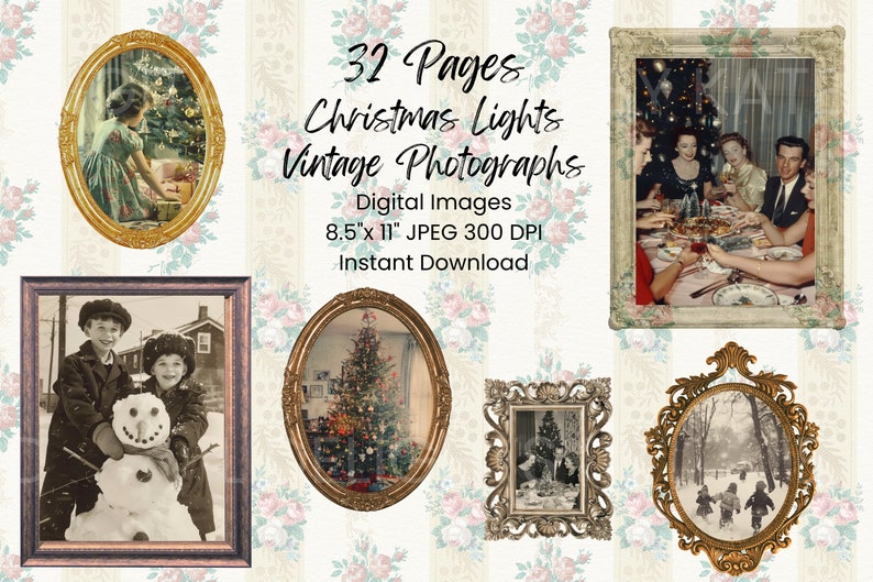 Vintage 1950s Christmas photograph collection junk journal kit — printable ephemera pack with retro holiday scenes and sepia-tone family memories