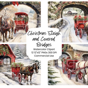 Slitta di Natale e ponti coperti Clipart Acquerello Carta digitale Bundle 12 PNG Vacanze Diario Pagine Craft Scrapbook Sfondo Inverno