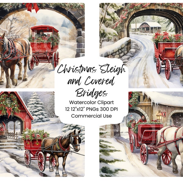 Christmas Sleigh and Covered Bridges Clipart Watercolor Digital Paper Bundle 12 PNG Holiday Journal Pages Craft Scrapbook Background Winter