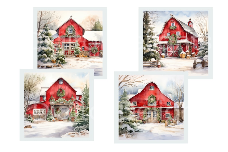 Red Barn Christmas Clipart, Watercolor Farmhouse, Holiday Decor ...
