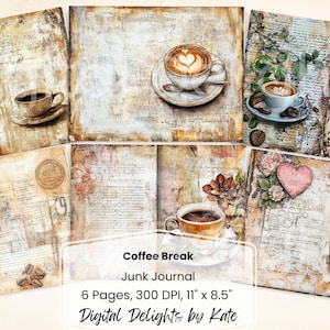 Páginas de diario basura de café vintage: 6 papeles digitales con temática de café con café con leche, escritura cursiva y fondos de papel vintage para manualidades