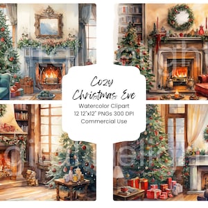 Przytulny pokój bożonarodzeniowy Clipart Akwarela Cyfrowy Papier Pakiet 12 PNG Strony Dziennika Świątecznego Rzemiosło Scrapbooking Tekstura Tło Święta
