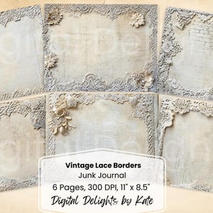 Pagina stampabile di giornale di spazzatura con bordo in pizzo antico, pagina stampabile di album di ritagli di nozze shabby chic vintage, sfondo in pizzo, collage di effimeri
