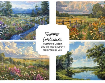 Summer Landscape Watercolor Paper: Printable Scenery, DIY Craft (Digital Download)