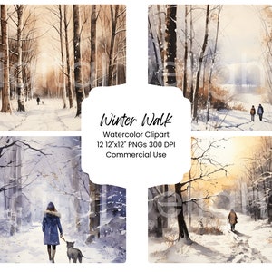 Winter Walk digitale papierbundel 12 PNG-bestanden Clipart vakantie sneeuw aquarel landschap ambachtelijke Scrapbook Journal commercieel gebruik kersttijd