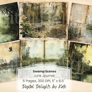 Scène de marais Forêt enchantée Junk Journal Pages Feuille de collage imprimable Papier de scrapbooking numérique Woodland vintage Ephemera Noir Fantasy