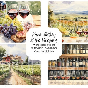 Weinprobe im Weinberg Aquarell digitales Papier Bundle 12 PNG-Dateien Aquarell Napa Clipart Landschaft digitales Handwerk Scrapbooking Textur