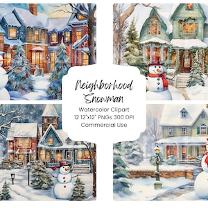 Watercolor Snowman Clipart: Christmas Houses Digital Paper (PNG Bundle)