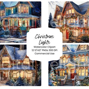 Christmas Lights Watercolor Clipart: Holiday House PNG Bundle (Digital Download)