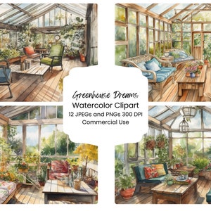 Greenhouse Dreams Aquarela Pacote de Papel Digital 12 PNG JPG Aquarela Verão Relax Varanda Cenário Diário Artesanato Textura de Scrapbooking