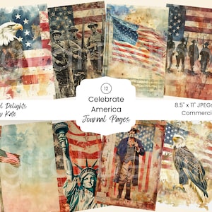 Feiern Sie Amerika Stars and Stripes Junk Journal Digitales Papier Bundle 4. Juli Vaterländisch Americana Vintage Distressed Textures Printable