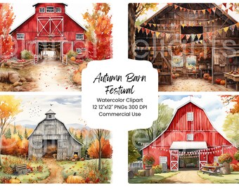 Imágenes prediseñadas de acuarela de granero otoñal, festival de otoño, granja PNG (descarga digital)