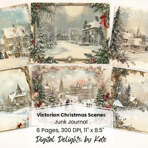 Victoriaanse kerstscène ongewenste dagboek afdrukbare pagina vakantie ongewenste dagboek Kit papier digitale collage Instant Download vintage wintervakantie