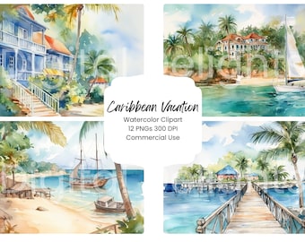 Tropical Beach Watercolor Clipart: Caribbean Vacation PNG Bundle (Digital Download)