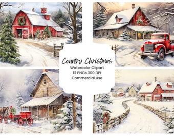 Rustic Country Christmas Watercolor Clipart, 12 PNG Farmhouse Holiday Scenes (Digital Download)