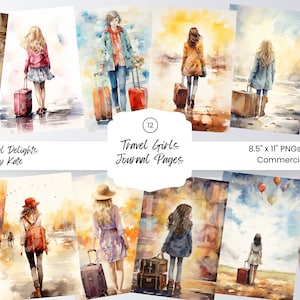 Menina com uma mala Aquarela Junk Journal Páginas para impressão Diário de viagens de férias Design para impressão Folha de colagem digital Viagem de avião