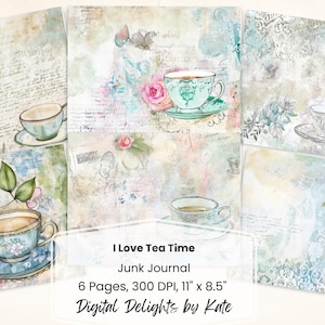 Vintage theejunk-dagboekpagina's 6 digitale theepot-themapapieren met lattes, cursief schrift en shabby-chic achtergronden voor knutselen