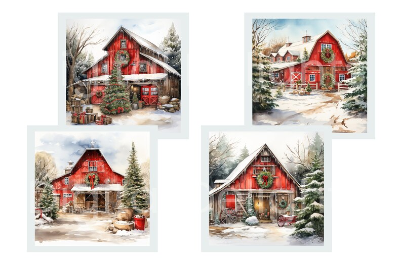 Red Barn Christmas Clipart, Watercolor Farmhouse, Holiday Decor ...
