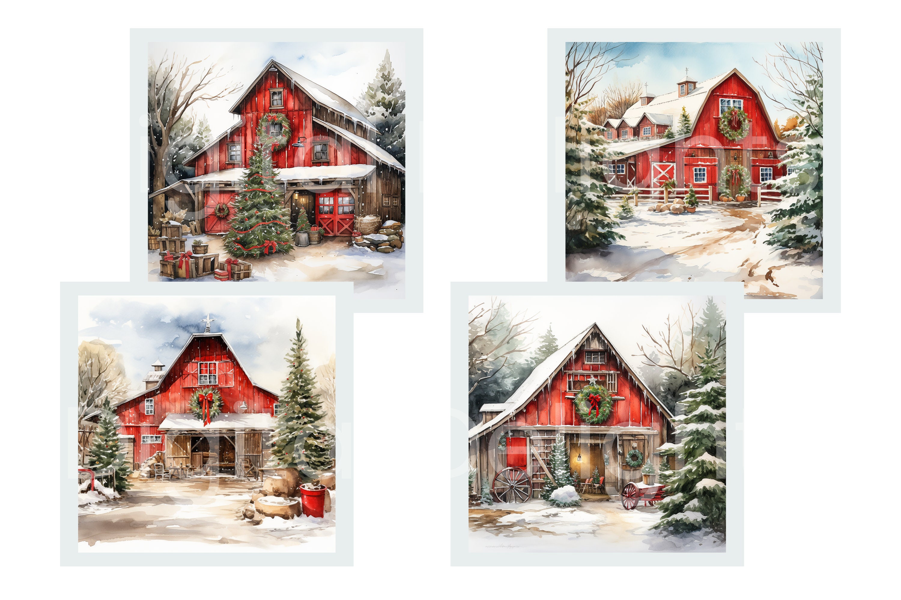 Red Barn Christmas Clipart, Watercolor Farmhouse, Holiday Decor ...