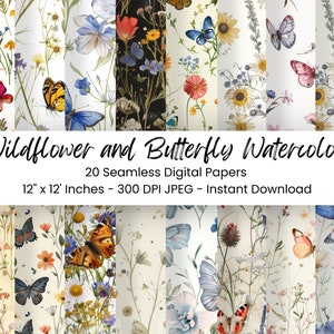 20 romantische Wildblumen Druckbares Papier Nahtlos Shabby Chic Digitaler Download Blumen Scrapbook Blumen Junk Journal Schmetterlinge Papier JPG
