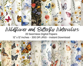 Wildflower Butterfly Watercolor Paper: Romantic Floral Scrapbook (Digital Download)