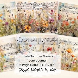 May include: Six digital scrapbook pages featuring watercolor illustrations of late summer flowers on a background of vintage sheet music. The pages are 11 inches by 8.5 inches and 300 DPI.