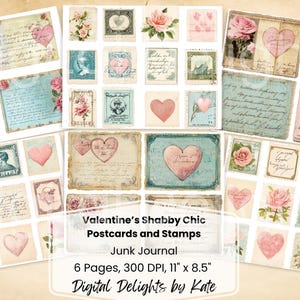 Valentinstag Shabby Chic Junk Journal Ephemera Designs Postkarten Tags Briefmarken Postkarten Printable Ephemera Papier Handwerk Collage Sheet 11 x 8,5