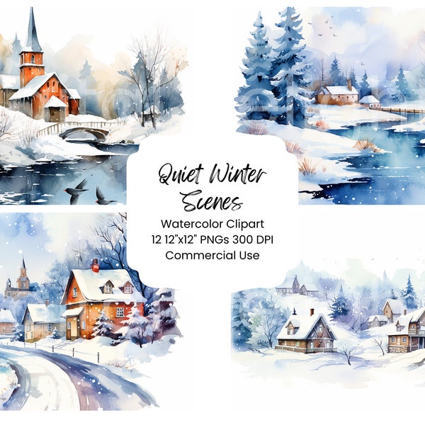 Quiet Winter Landscape Clipart Watercolor Digital Paper Landscape PNG Holiday Journal Pages Craft Scrapbooking Texture Background Christmas