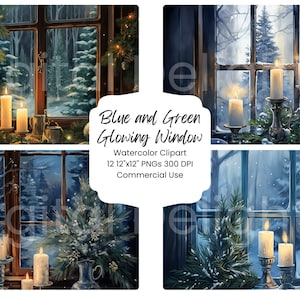 Aquarell Weihnachten Fenster Clipart: Blau & Grün PNG Bundle (Digitaler Download)