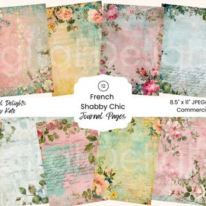 Francés Shabby Chic Junk Journal Kit Papel Digital Floral 12 Páginas de Diario Digital Imprimible Papel Craft Collage Hoja Rosas Paris Script DIY