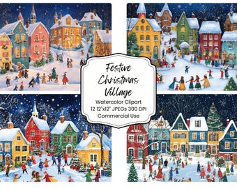 Watercolor Christmas Village Clipart, Holiday Town Scenes, Storybook Winter (Digital Download)