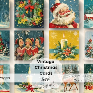 Cartes de Noël rétro vintage des années 50, clipart numérique papier, lot de 12 JPEG vacances Journal Pages Scrapbooking artisanal Texture fond hiver