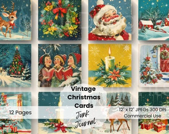 May include: A set of 12 vintage Christmas card images, each featuring a different holiday scene. The images include a deer, a wreath, Santa Claus, a candle, carolers, a church, and a Christmas tree. The images are in a collage format and are perfect for crafting or scrapbooking.