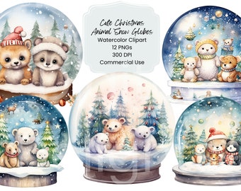 Juldjur snöglob akvarell clipart-paket, 12 PNG-vintermotiv (digital nedladdning)