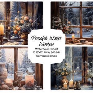 Peaceful Winter Window Clipart acuarela paquete de papel digital 12 PNG páginas de diario de vacaciones Craft Scrapbook textura fondo Navidad