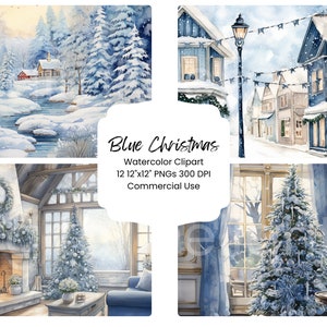 Blue Christmas Watercolor Clipart, Cozy Winter Scenes, Cottage Holiday PNG (Digital Download)