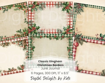 Rustic Gingham Junk Journal Kit, Christmas Borders, Printable Holiday Pages (Digital Download)