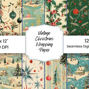 May include: Twelve digital designs of vintage Christmas wrapping paper. Each design is 12 inches by 12 inches and 300 DPI.