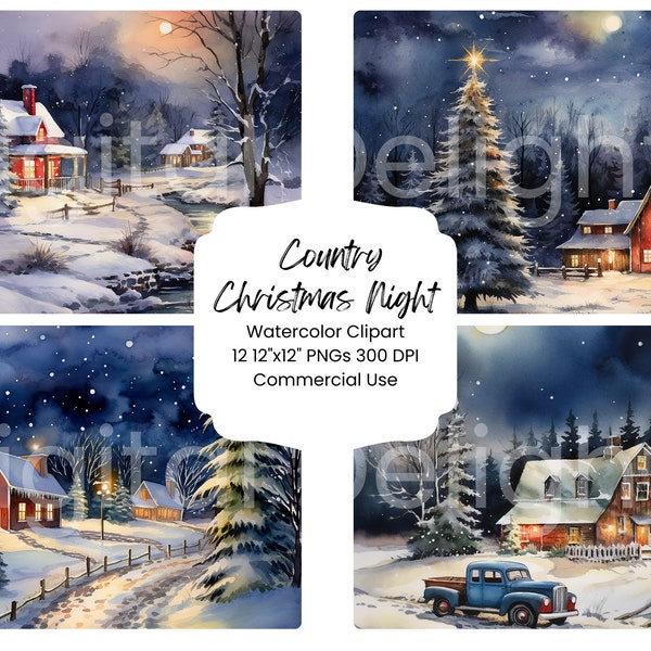 Country Christmas Night Clipart Watercolor Digital Paper Bundle 12 PNG Holiday Red Barn Journal Pages Craft Scrapbook Background Festive