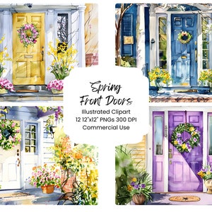 Spring Front Door Watercolor Clipart: Floral Wreaths (Digital Download)
