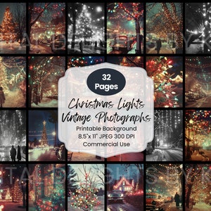 Kerstverlichting Vintage foto's Digital Junk Journal Ephemera Afdrukbare pagina's Nostalgische vakantiefoto's DIY Collage Vrolijk kerstfeest