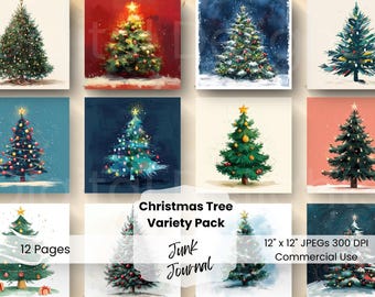 Juego de 12 imágenes prediseñadas de árboles de Navidad, diseños navideños en acuarela para álbumes de recortes (descarga digital)
