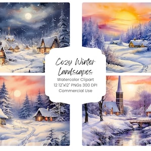 Winter Landscape Watercolor Clipart: Cozy Christmas Scenes (Digital Paper Bundle)