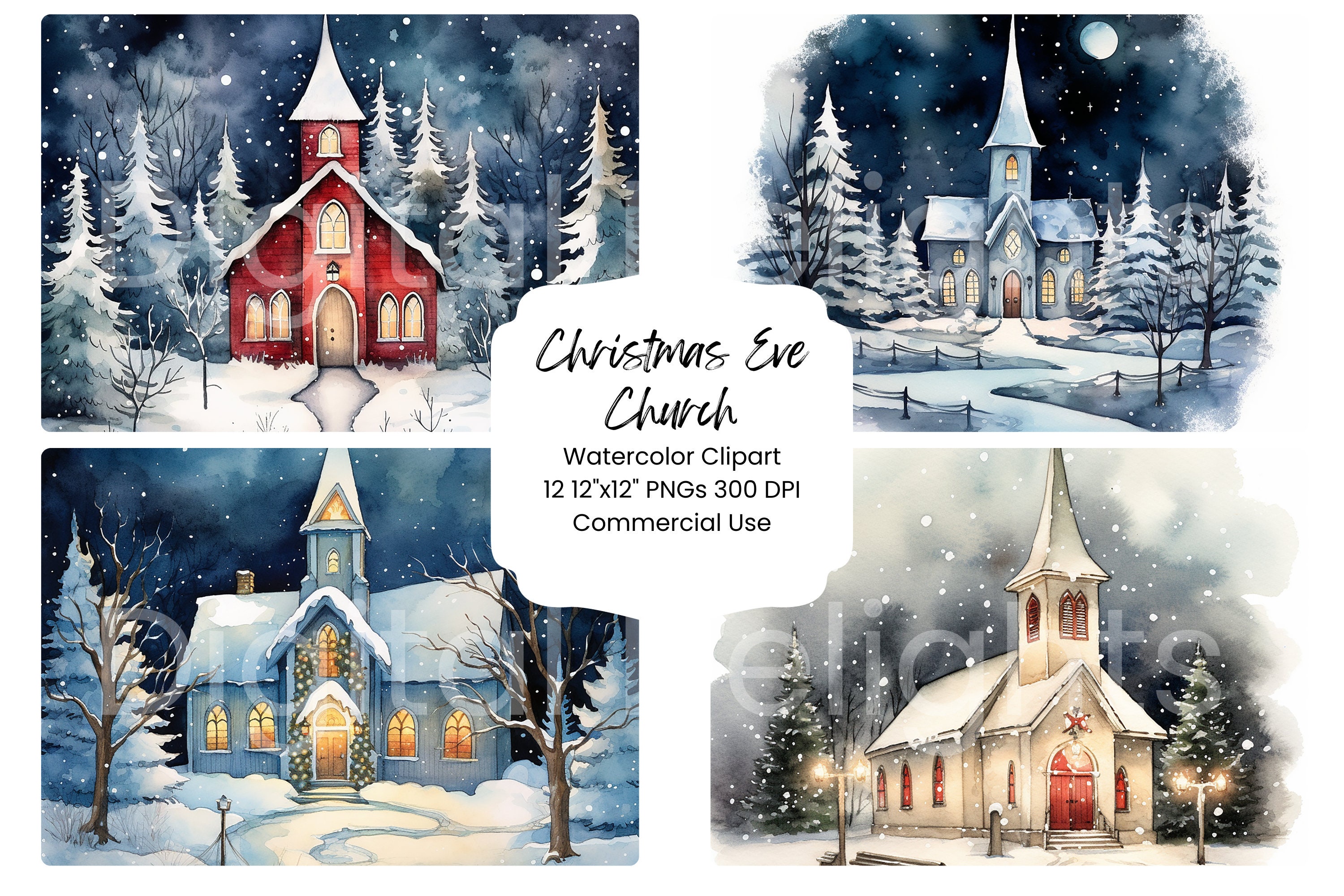クリスマスイブの教会の水彩画クリップアート：ホリデーデジタル